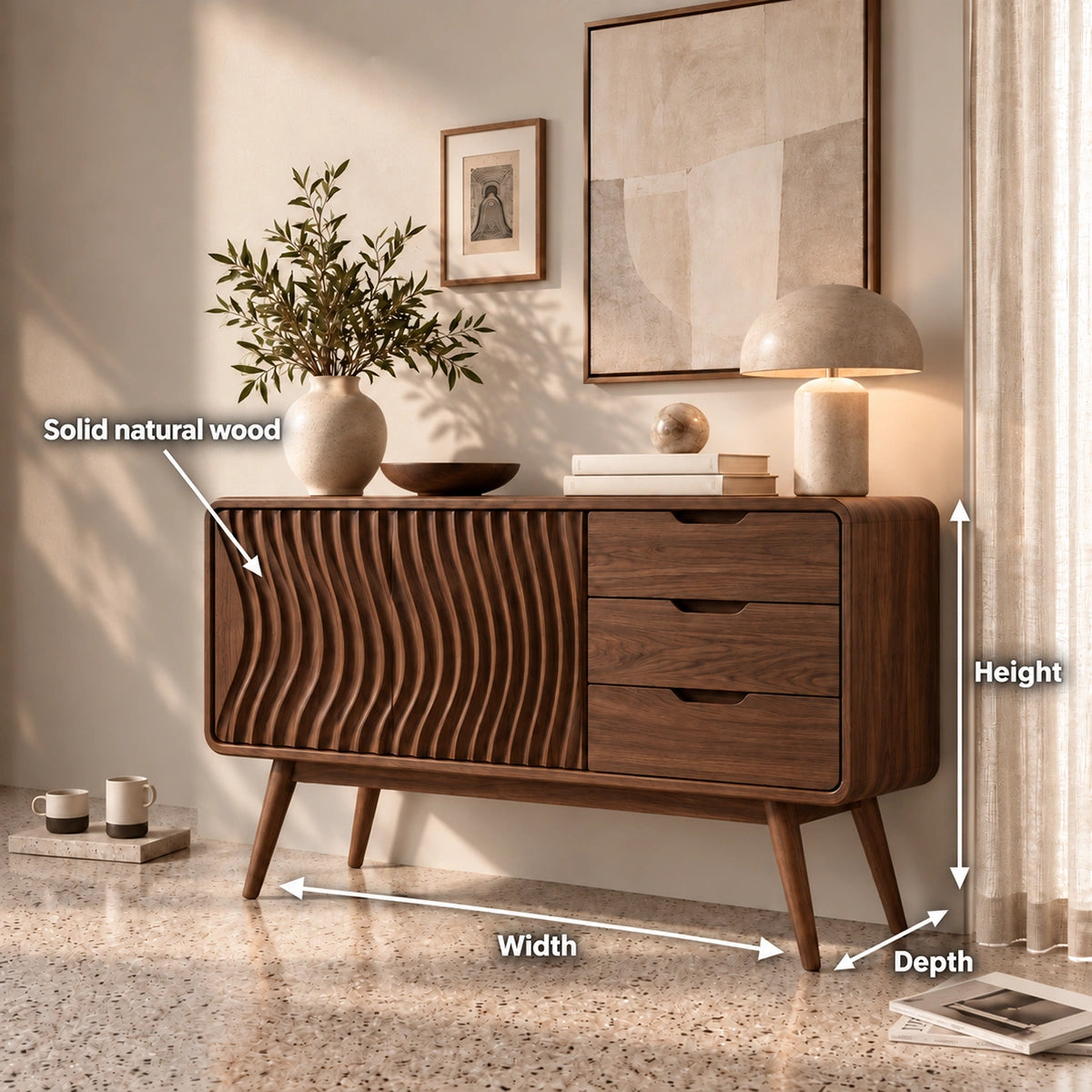 Sideboard with Fluted Cabinet Door and Three Drawers in Natural Solid Wood - Rustiracraft