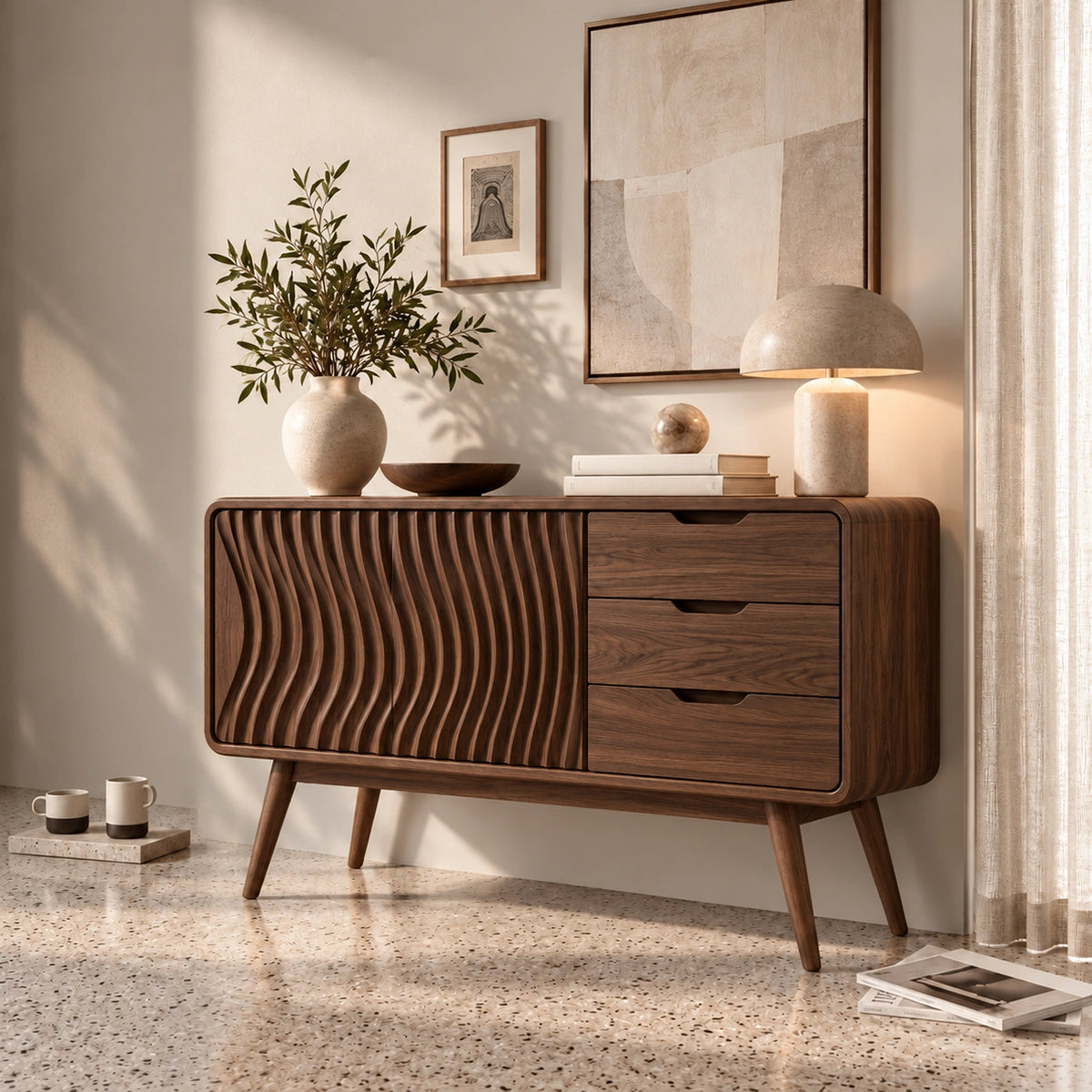 Sideboard with Fluted Cabinet Door and Three Drawers in Natural Solid Wood - Rustiracraft