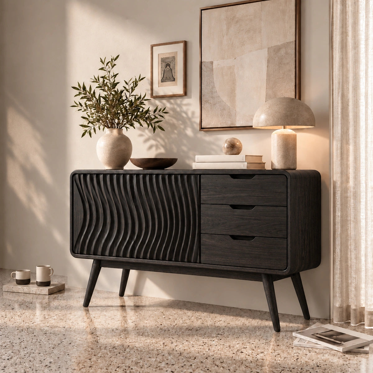 Sideboard with Fluted Cabinet Door and Three Drawers in Natural Solid Wood - Rustiracraft
