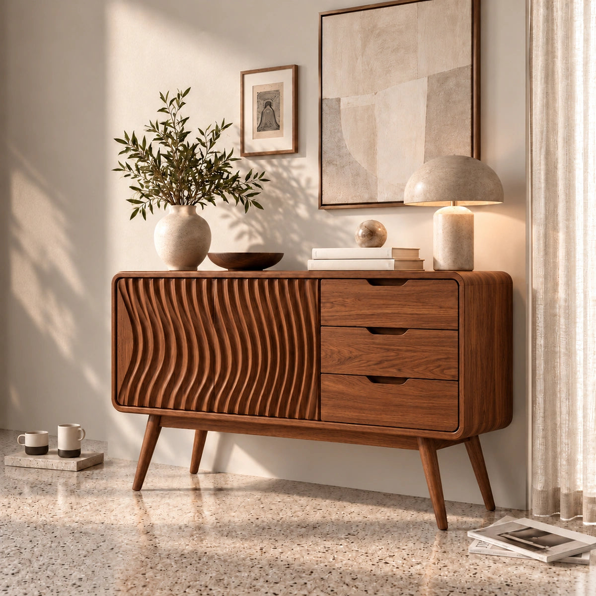 Sideboard with Fluted Cabinet Door and Three Drawers in Natural Solid Wood - Rustiracraft