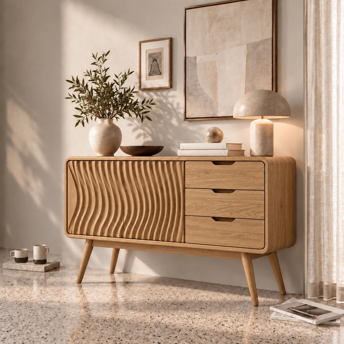 Sideboard with Fluted Cabinet Door and Three Drawers in Natural Solid Wood - Rustiracraft