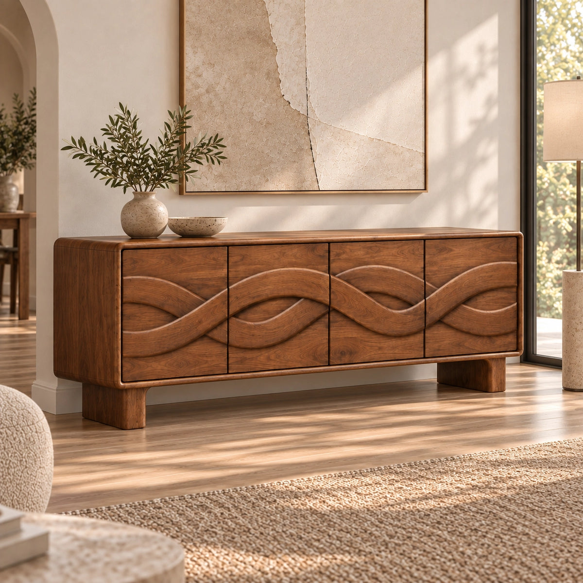Sideboard with Four Flowing Wave-Carved Cabinet Doors in Natural Solid Wood - Rustiracraft