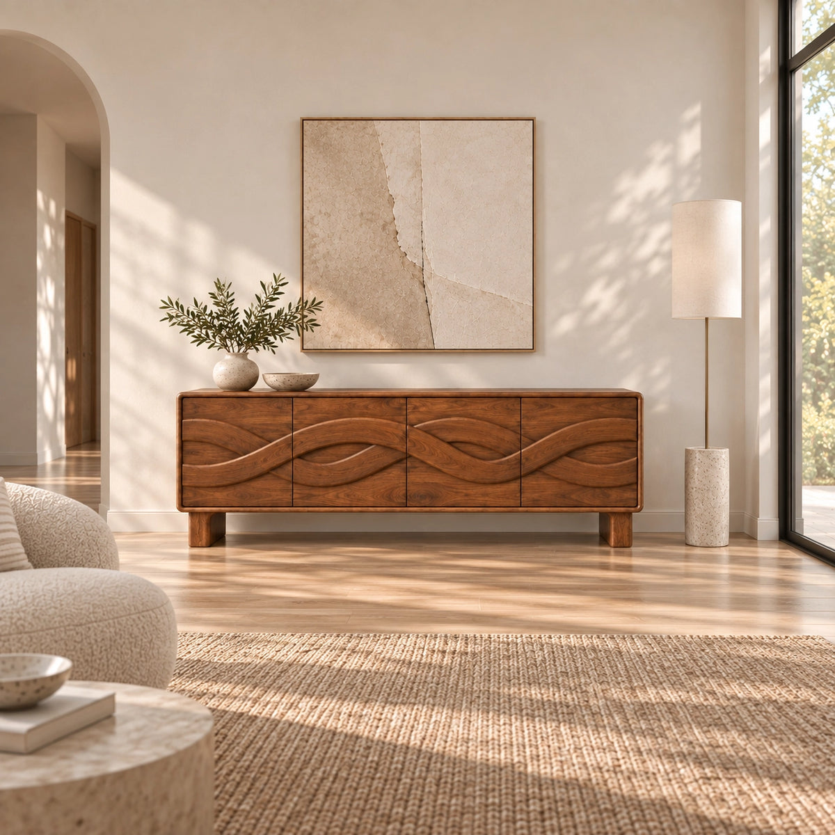 Sideboard with Four Flowing Wave-Carved Cabinet Doors in Natural Solid Wood - Rustiracraft