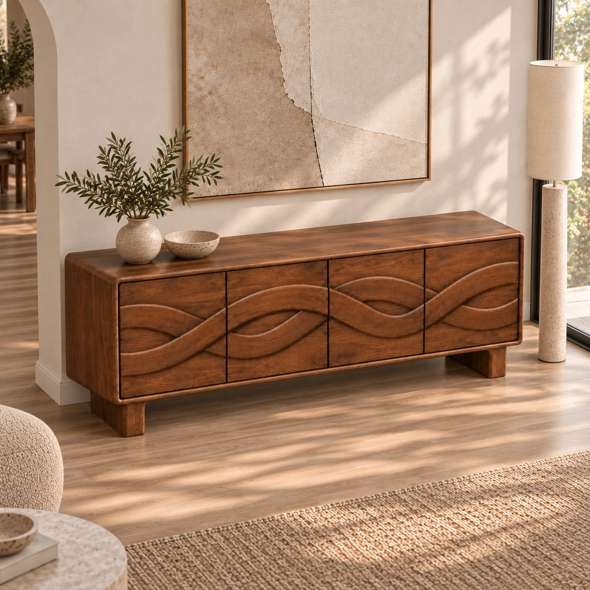 Sideboard with Four Flowing Wave-Carved Cabinet Doors in Natural Solid Wood - Rustiracraft