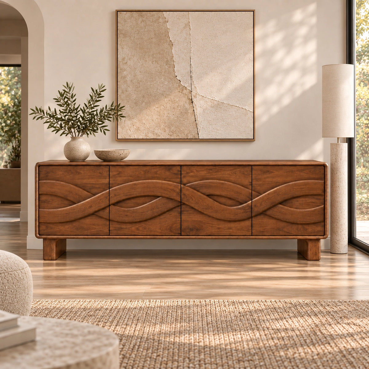Sideboard with Four Flowing Wave-Carved Cabinet Doors in Natural Solid Wood - Rustiracraft