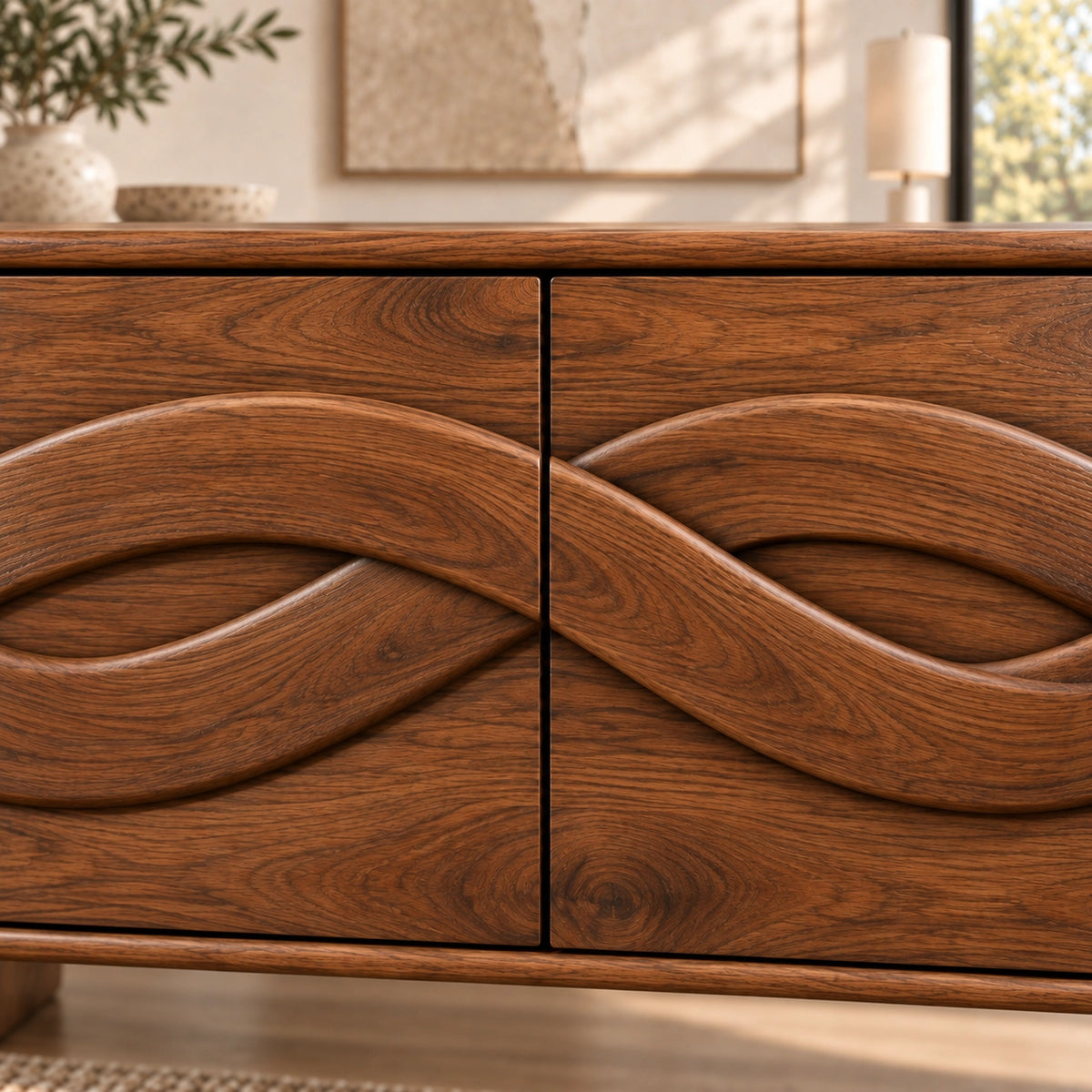Sideboard with Four Flowing Wave-Carved Cabinet Doors in Natural Solid Wood - Rustiracraft