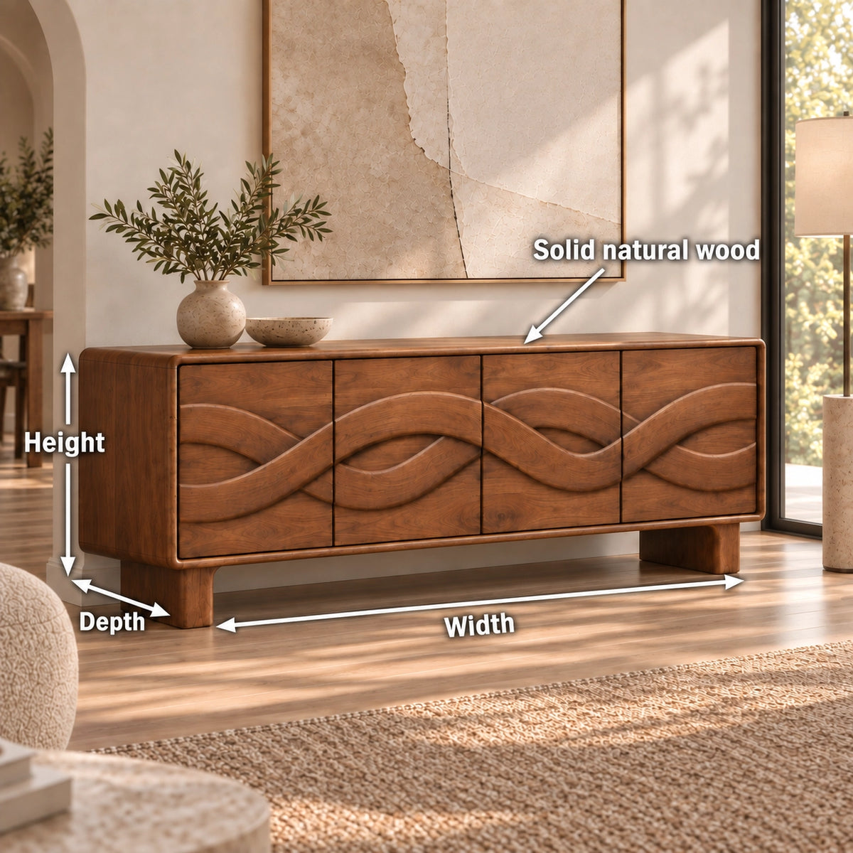 Sideboard with Four Flowing Wave-Carved Cabinet Doors in Natural Solid Wood - Rustiracraft