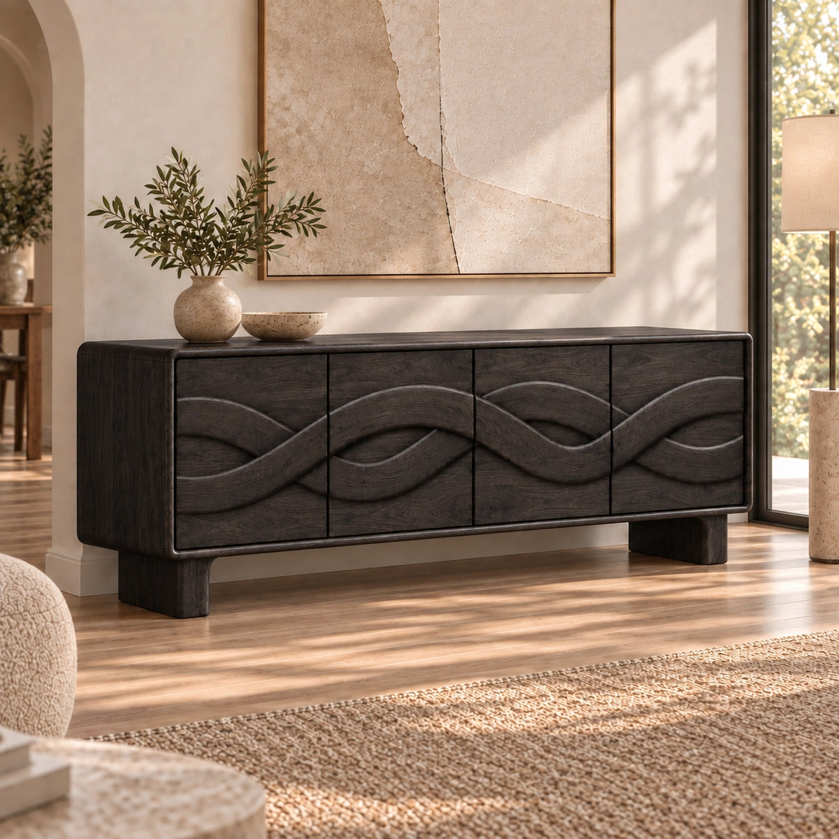 Sideboard with Four Flowing Wave-Carved Cabinet Doors in Natural Solid Wood - Rustiracraft