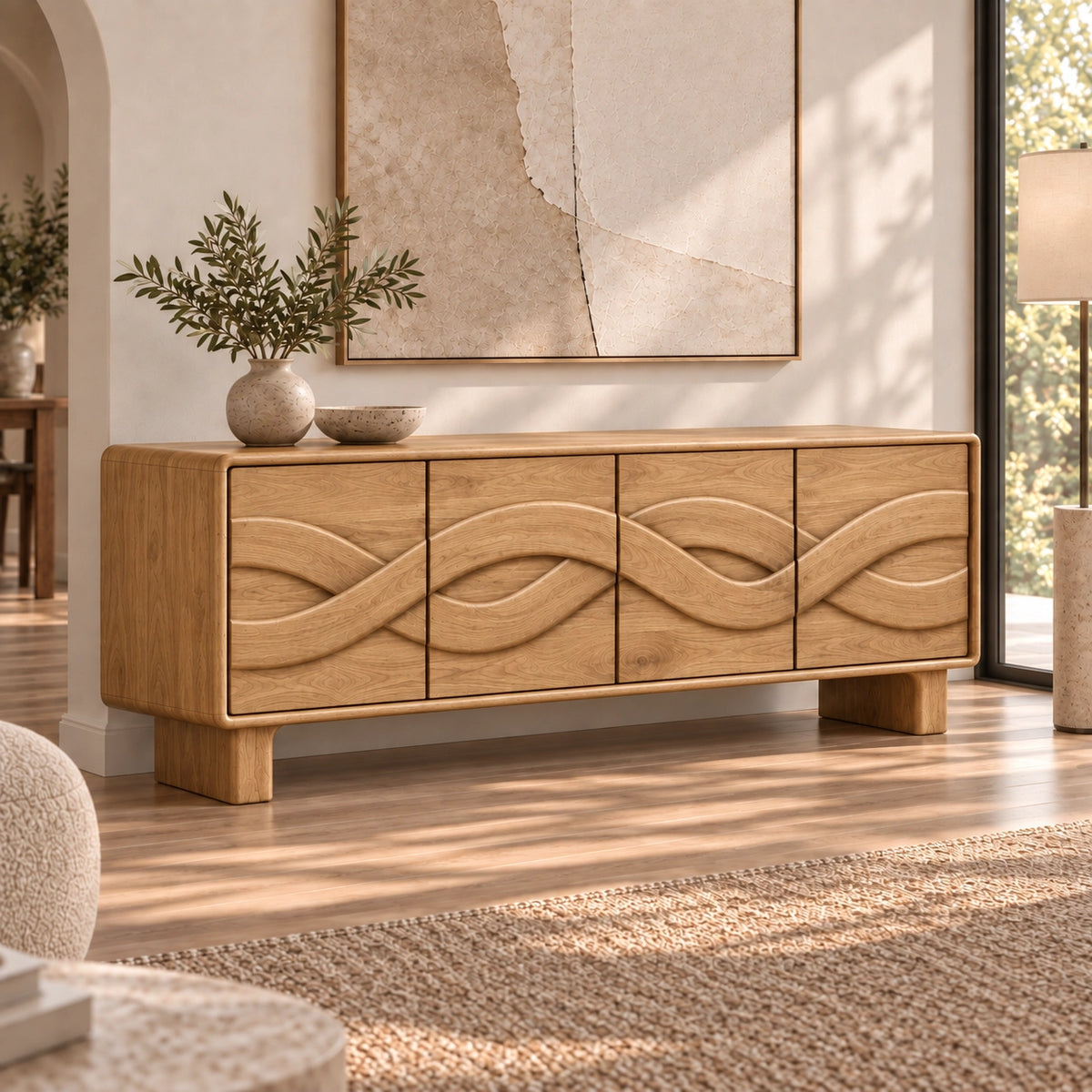 Sideboard with Four Flowing Wave-Carved Cabinet Doors in Natural Solid Wood - Rustiracraft