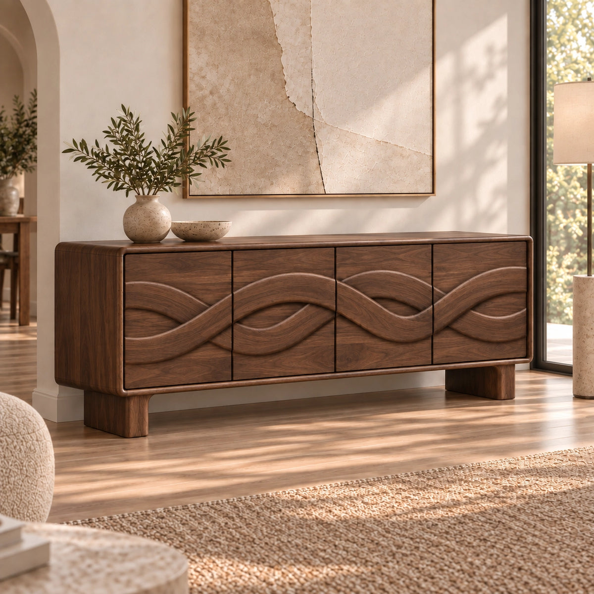 Sideboard with Four Flowing Wave-Carved Cabinet Doors in Natural Solid Wood - Rustiracraft