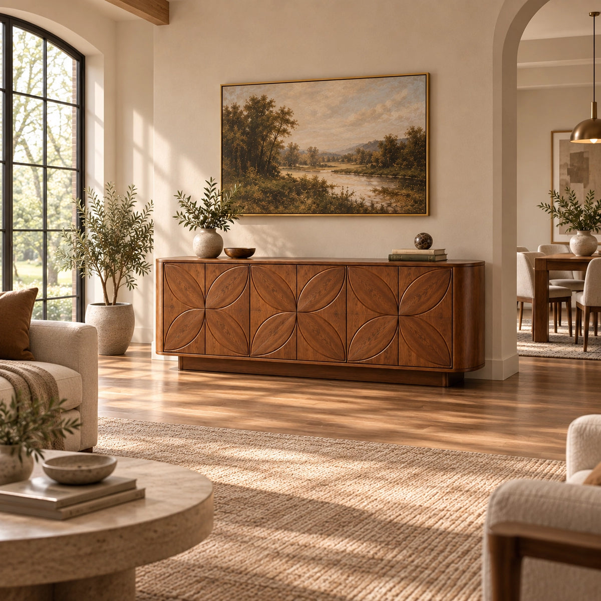 Sideboard with Leaf-Carved Cabinet Doors in Natural Solid Wood Storage - Rustiracraft