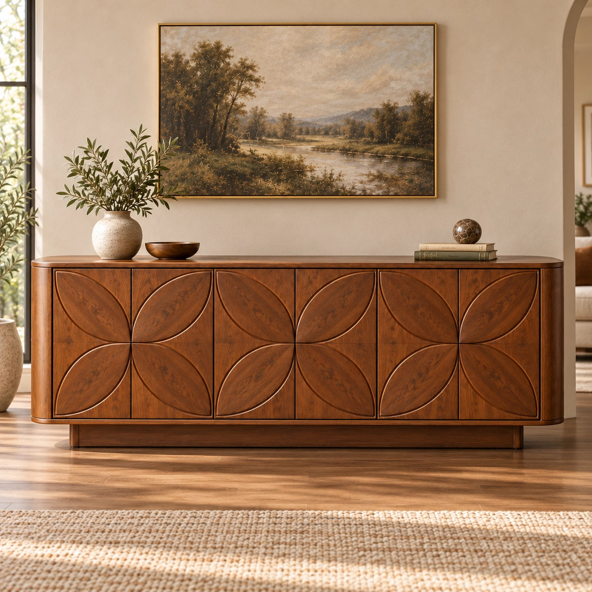 Sideboard with Leaf-Carved Cabinet Doors in Natural Solid Wood Storage - Rustiracraft