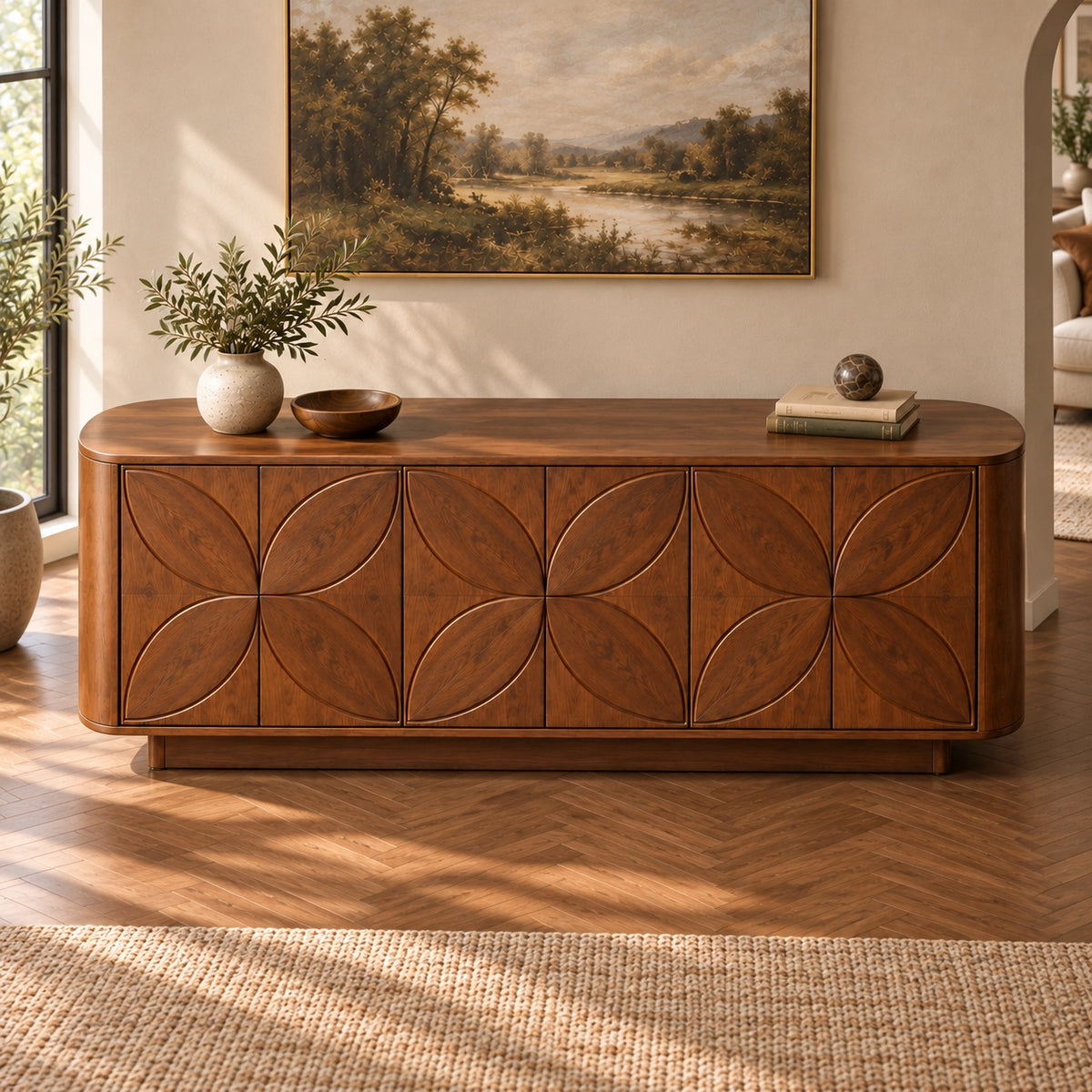 Sideboard with Leaf-Carved Cabinet Doors in Natural Solid Wood Storage - Rustiracraft