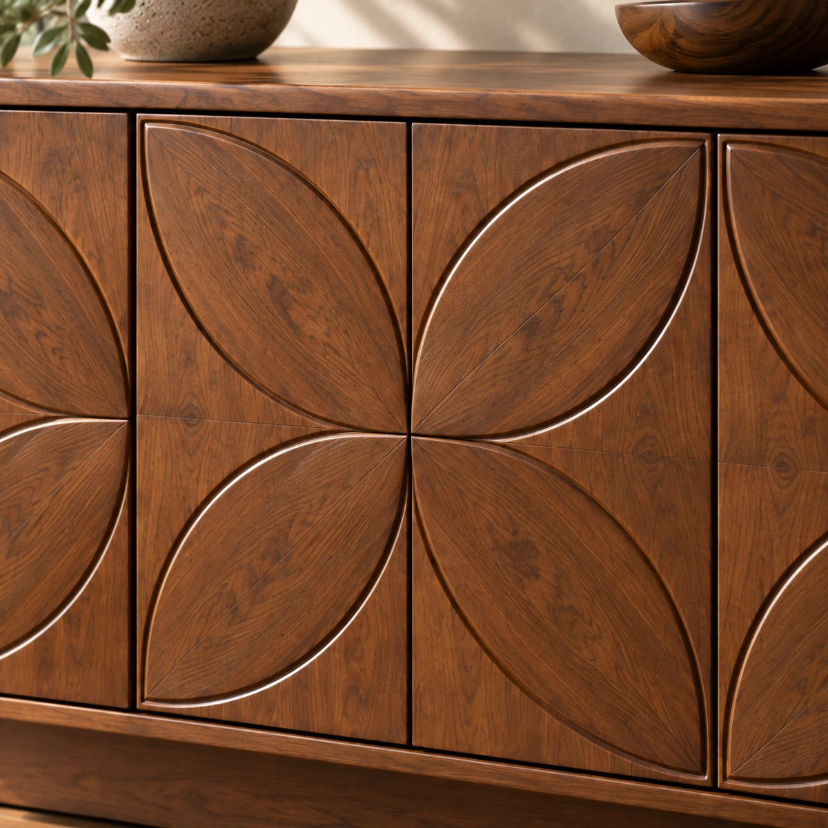 Sideboard with Leaf-Carved Cabinet Doors in Natural Solid Wood Storage - Rustiracraft