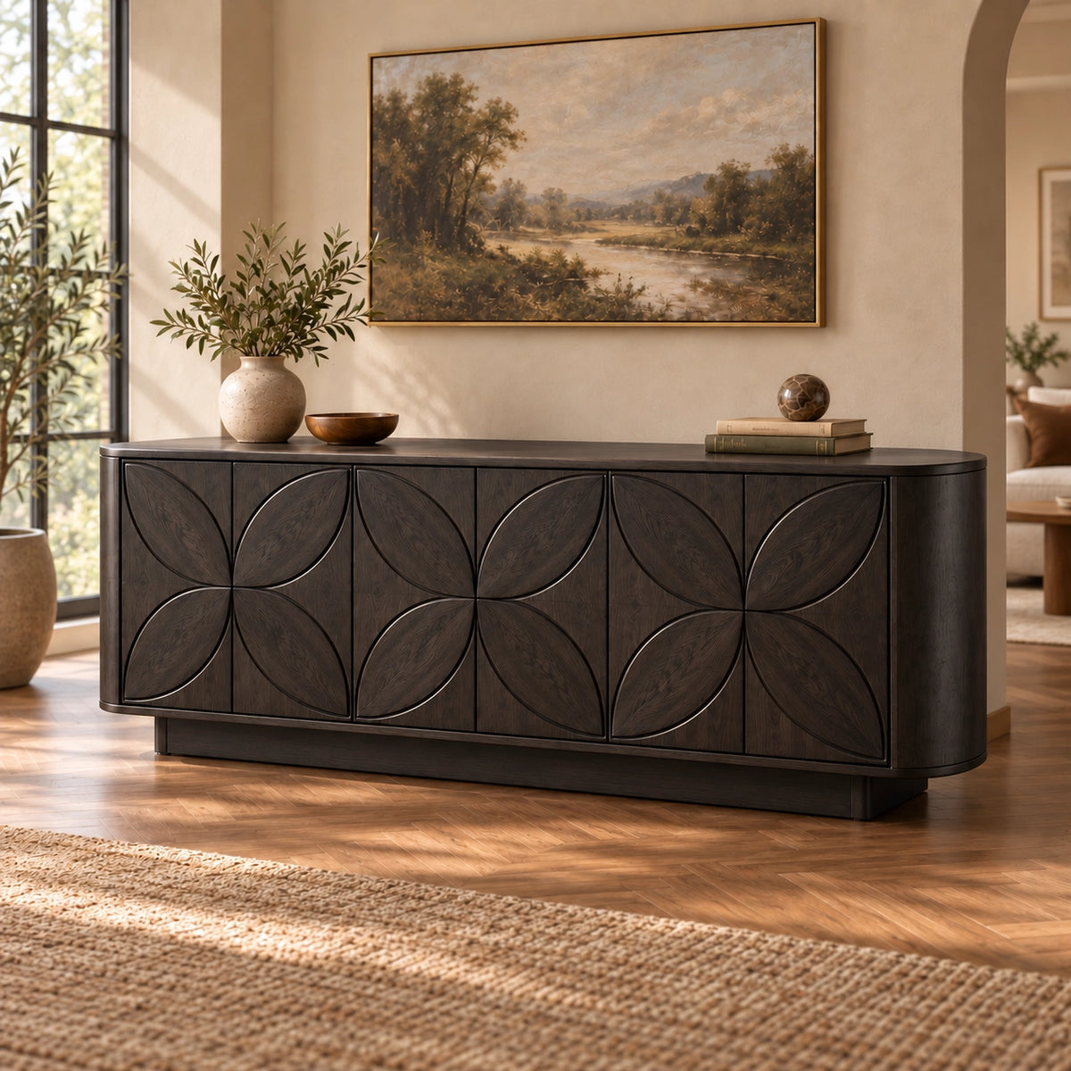 Sideboard with Leaf-Carved Cabinet Doors in Natural Solid Wood Storage - Rustiracraft