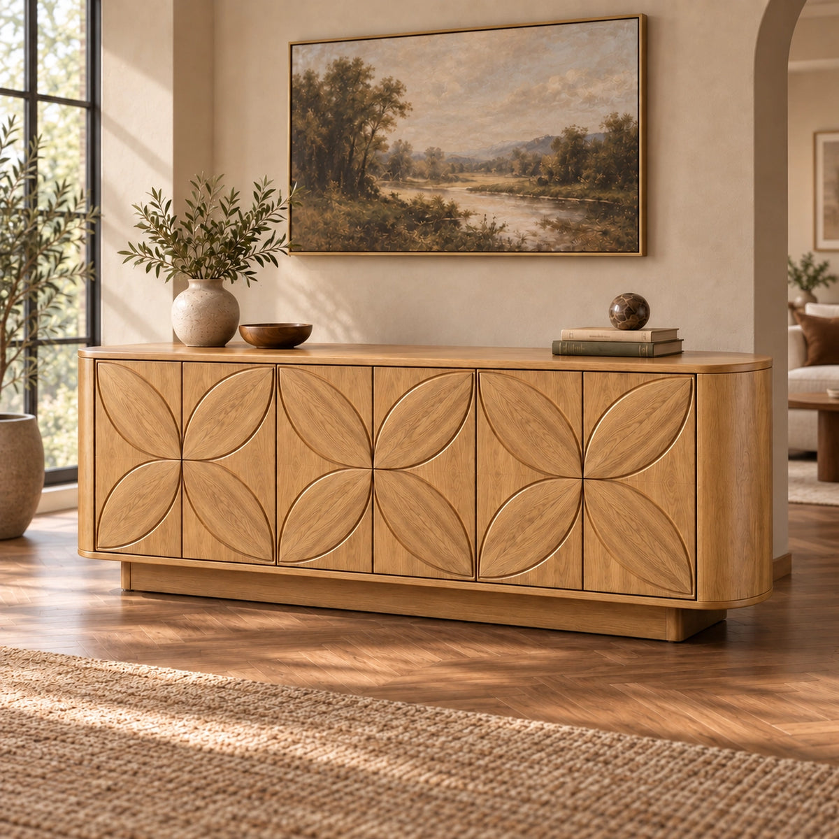 Sideboard with Leaf-Carved Cabinet Doors in Natural Solid Wood Storage - Rustiracraft