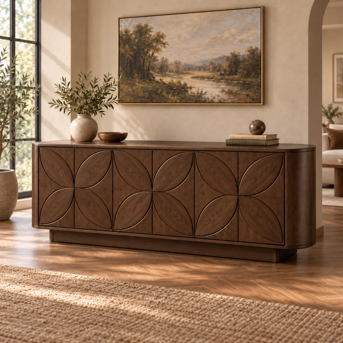 Sideboard with Leaf-Carved Cabinet Doors in Natural Solid Wood Storage - Rustiracraft