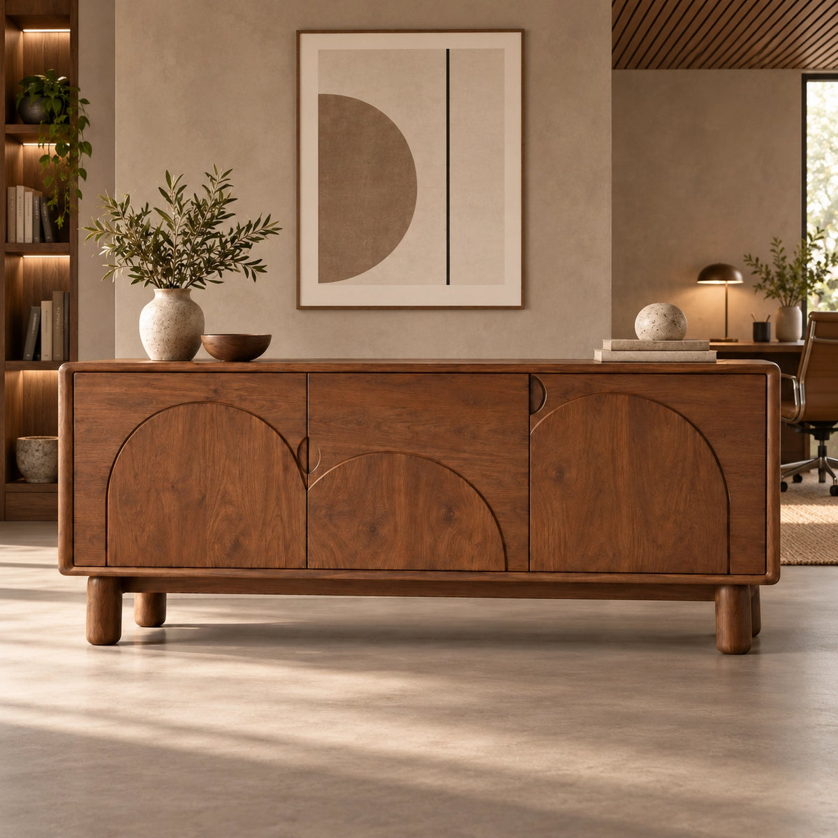 Sideboard with Rounded Panel Doors in Natural Solid Wood Storages - Rustiracraft