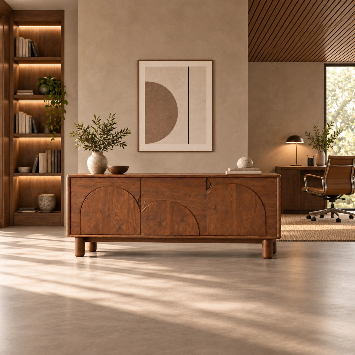Sideboard with Rounded Panel Doors in Natural Solid Wood Storages - Rustiracraft
