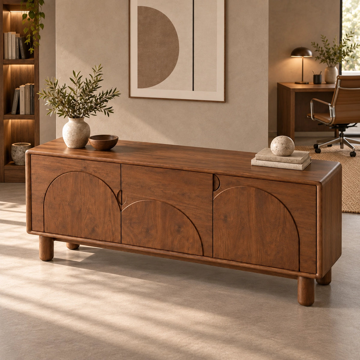 Sideboard with Rounded Panel Doors in Natural Solid Wood Storages - Rustiracraft