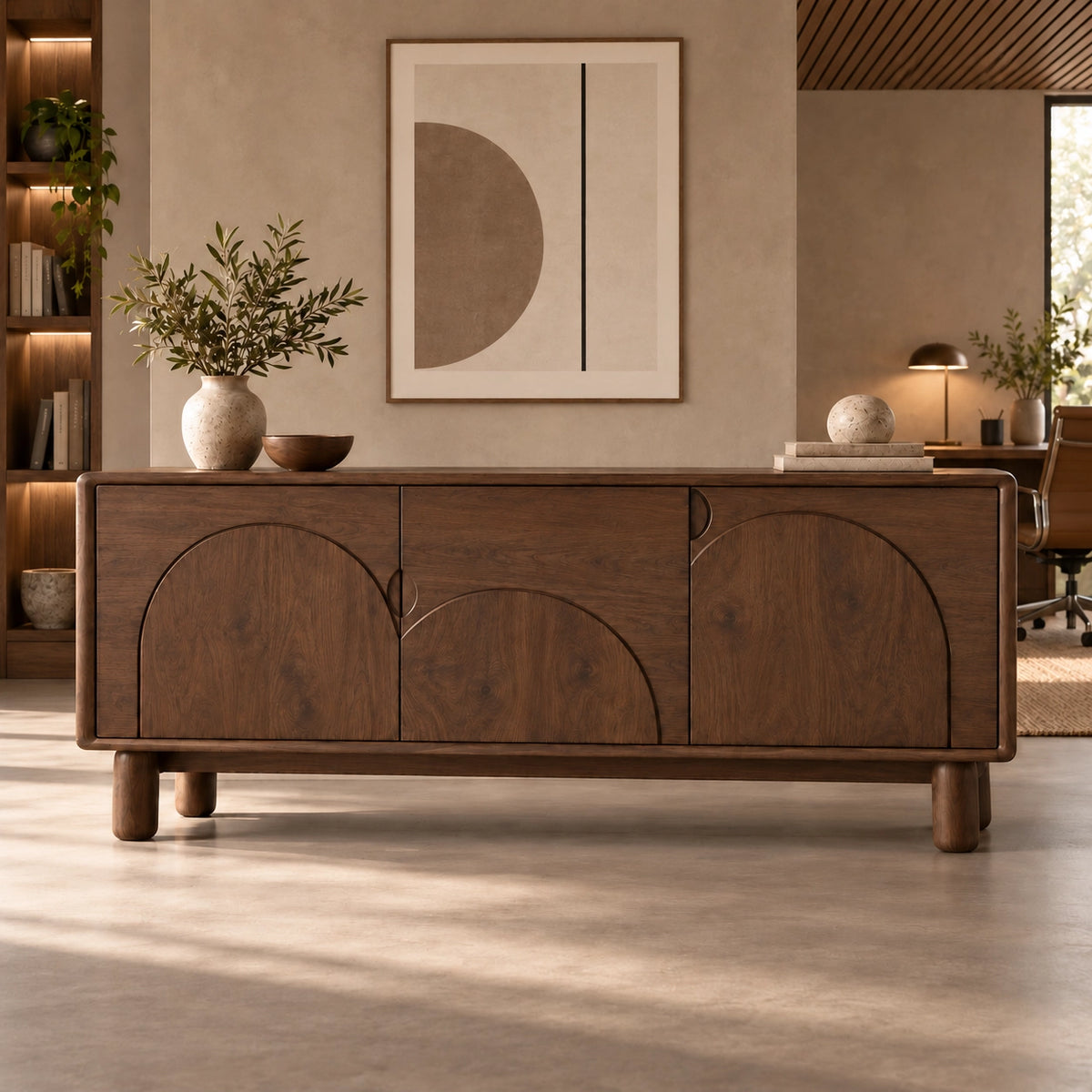 Sideboard with Rounded Panel Doors in Natural Solid Wood Storages - Rustiracraft
