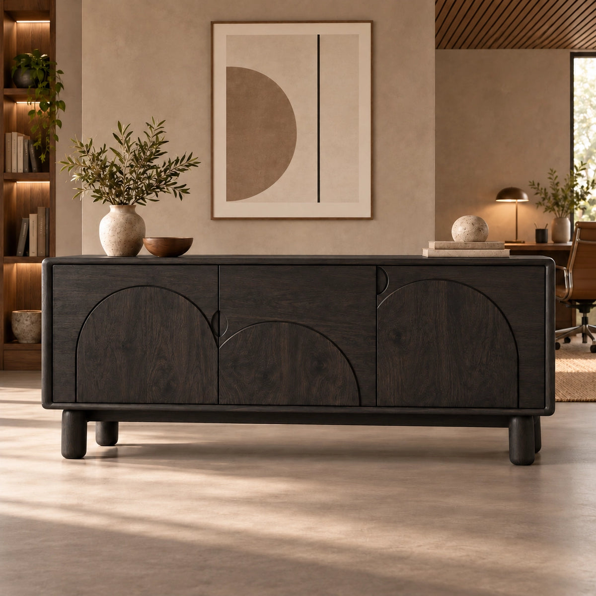 Sideboard with Rounded Panel Doors in Natural Solid Wood Storages - Rustiracraft