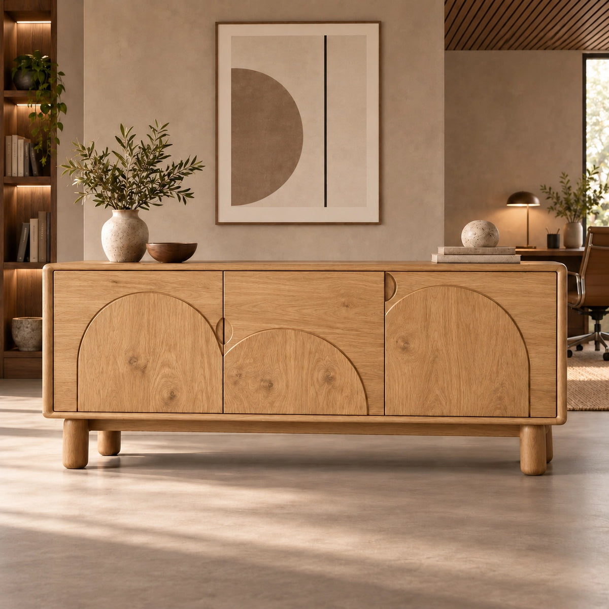 Sideboard with Rounded Panel Doors in Natural Solid Wood Storages - Rustiracraft
