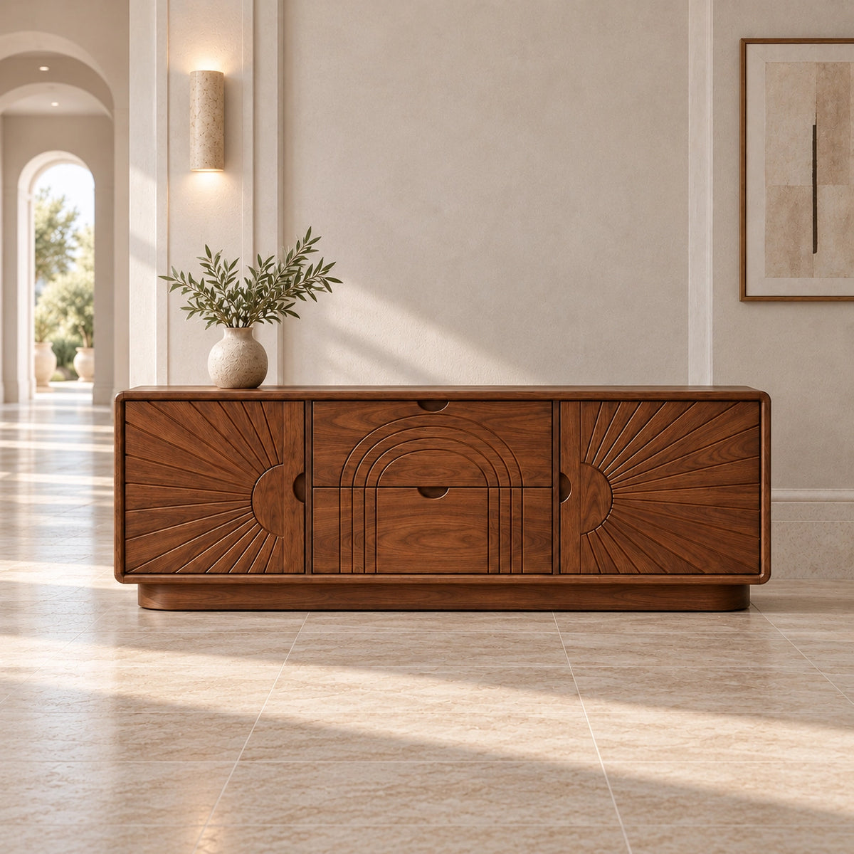 Sideboard with Sunburst-Carved Cabinet Doors in Natural Solid Wood - Rustiracraft