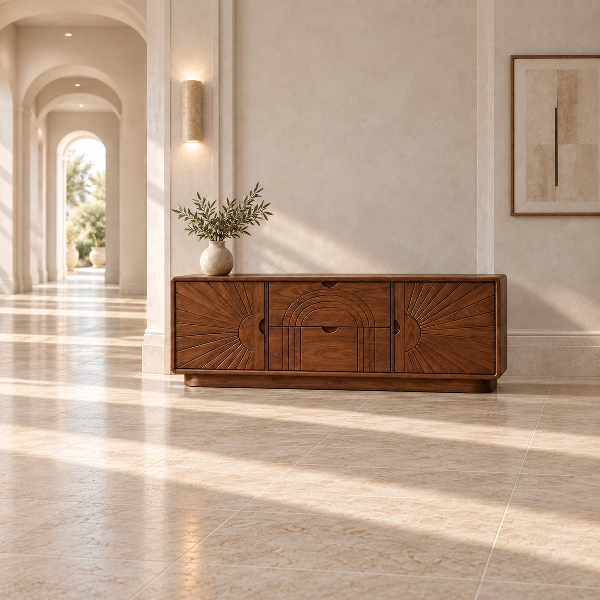 Sideboard with Sunburst-Carved Cabinet Doors in Natural Solid Wood - Rustiracraft