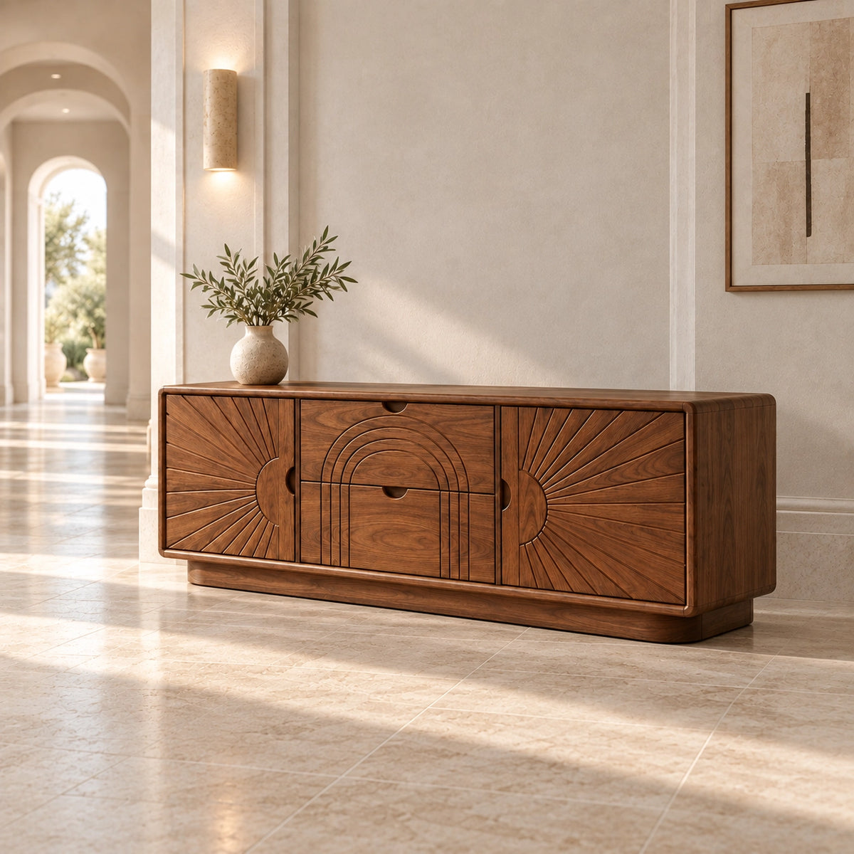 Sideboard with Sunburst-Carved Cabinet Doors in Natural Solid Wood - Rustiracraft