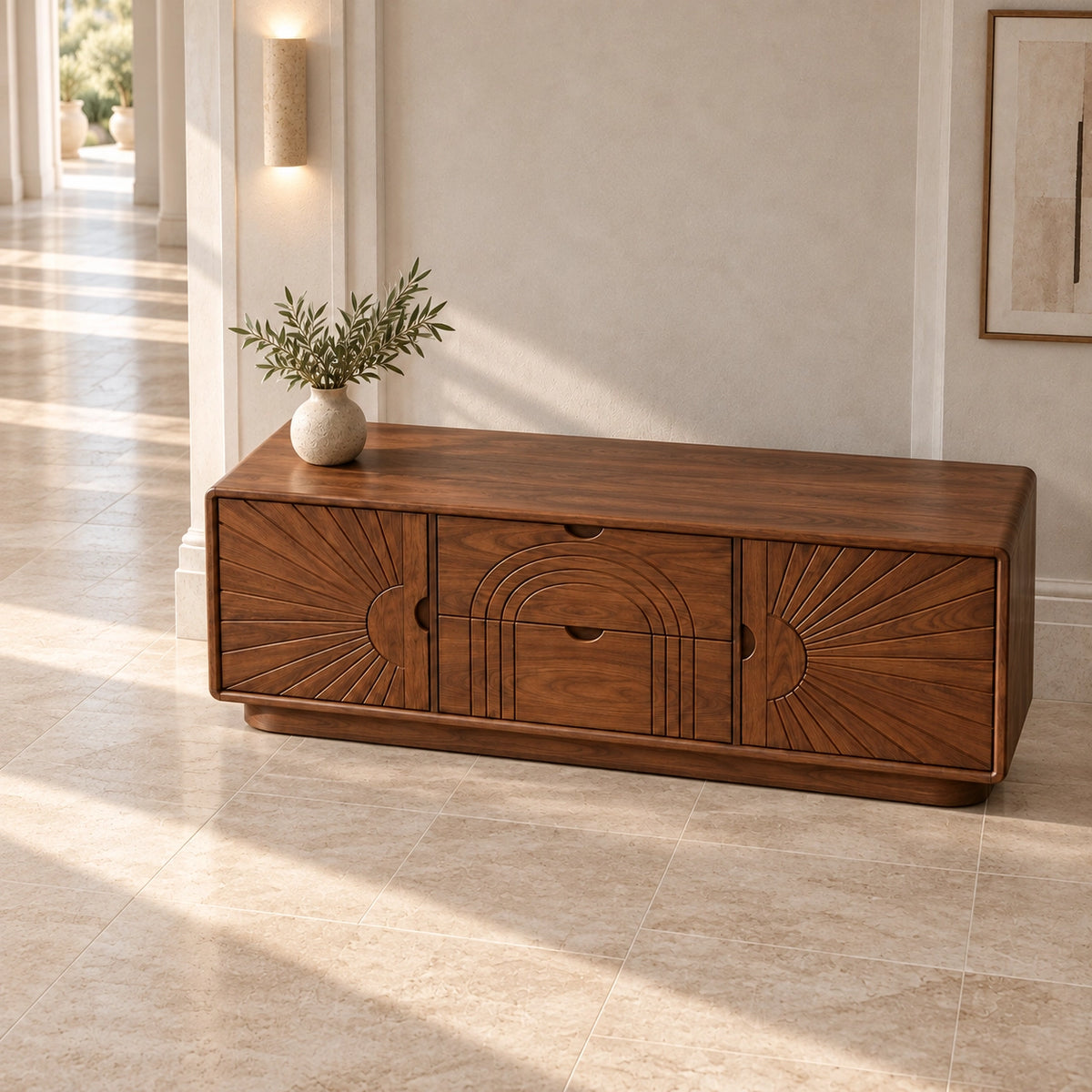 Sideboard with Sunburst-Carved Cabinet Doors in Natural Solid Wood - Rustiracraft