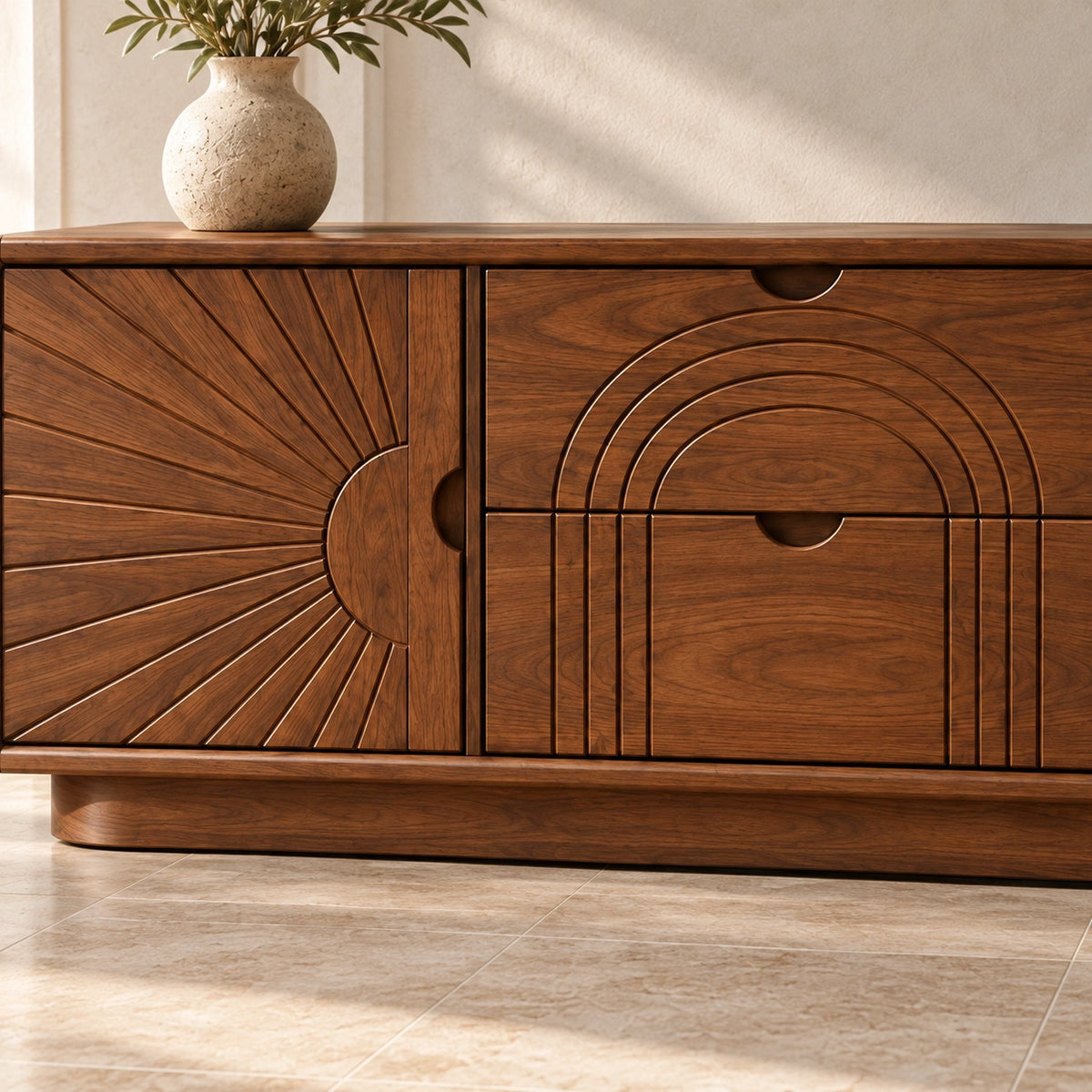 Sideboard with Sunburst-Carved Cabinet Doors in Natural Solid Wood - Rustiracraft