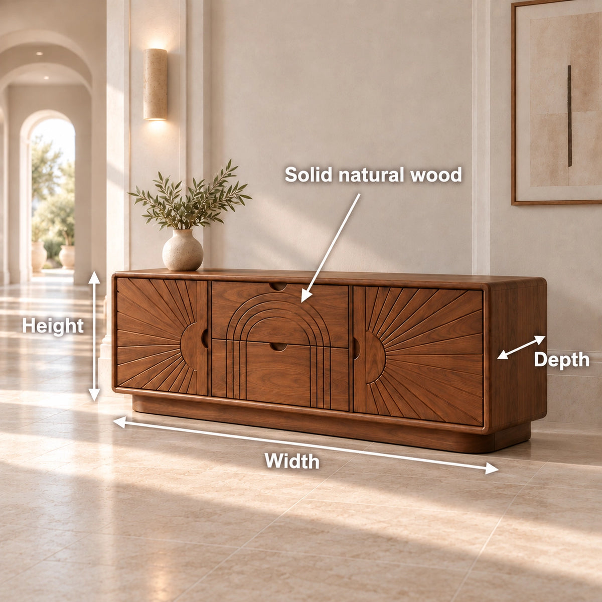 Sideboard with Sunburst-Carved Cabinet Doors in Natural Solid Wood - Rustiracraft