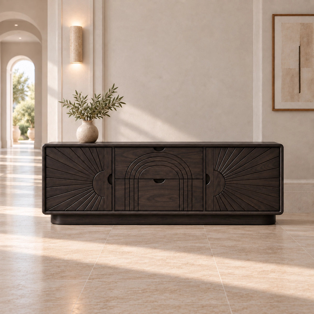 Sideboard with Sunburst-Carved Cabinet Doors in Natural Solid Wood - Rustiracraft