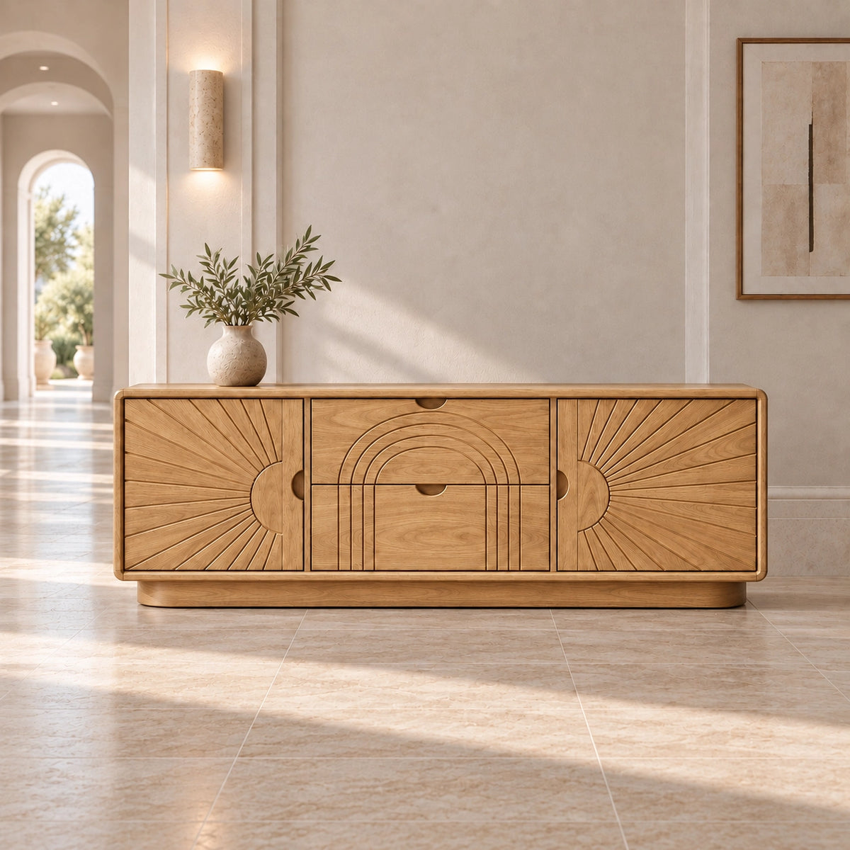 Sideboard with Sunburst-Carved Cabinet Doors in Natural Solid Wood - Rustiracraft