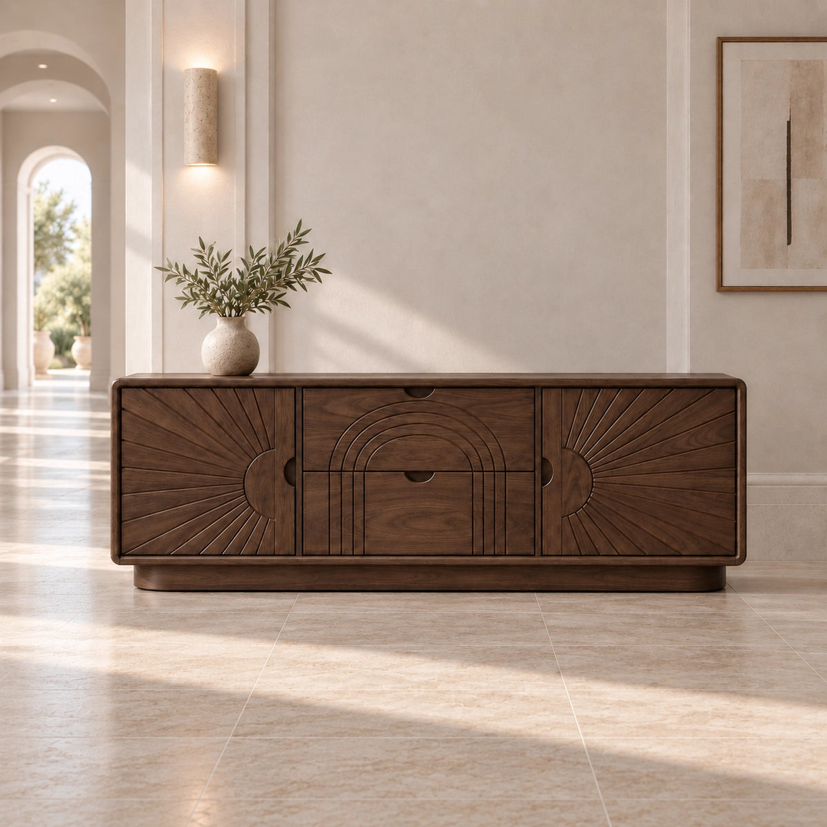 Sideboard with Sunburst-Carved Cabinet Doors in Natural Solid Wood - Rustiracraft
