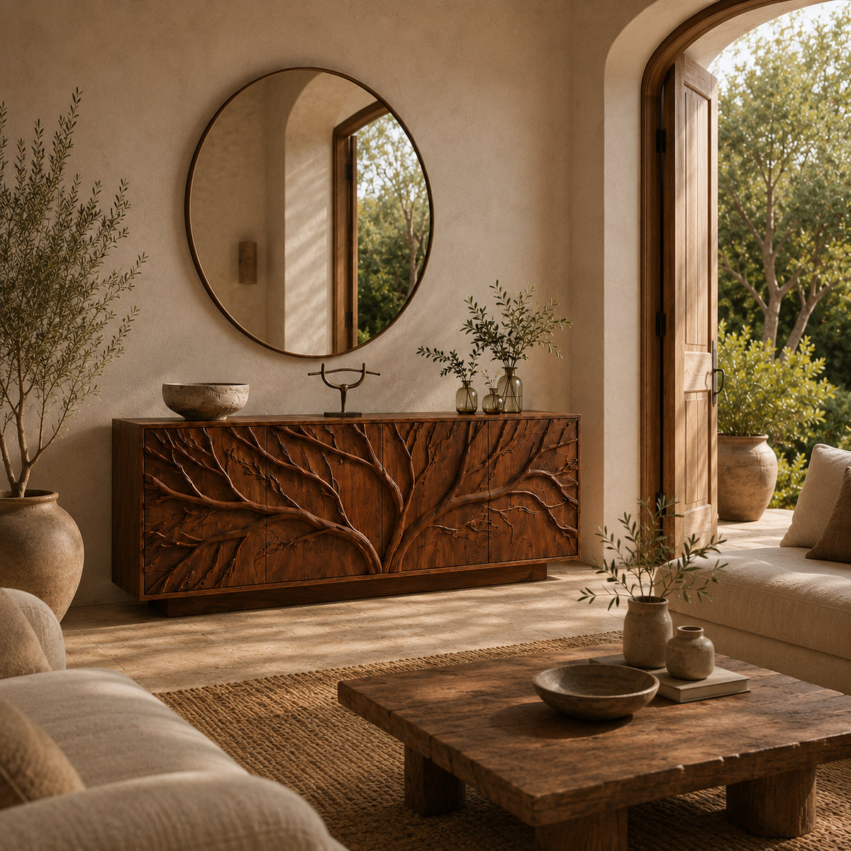 Sideboards with Sculptural Branch-Carved Doors in Natural Solid Wood - Rustiracraft