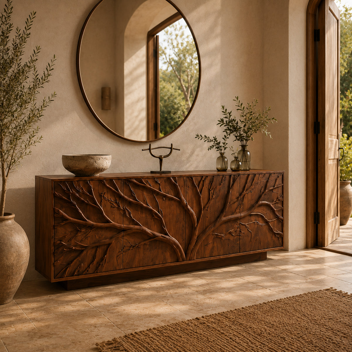 Sideboards with Sculptural Branch-Carved Doors in Natural Solid Wood - Rustiracraft