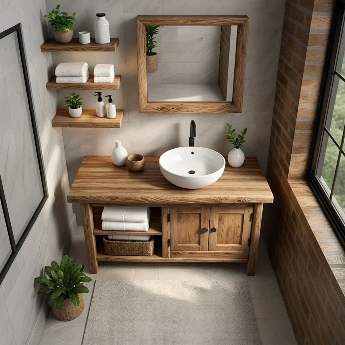 Solid Oak Bathroom Vanity – Natural Wood Cabinet with Open Shelf - Rustiracraft 