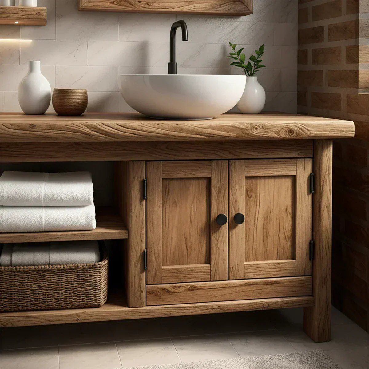 Solid Oak Bathroom Vanity – Natural Wood Cabinet with Open Shelf - Rustiracraft 