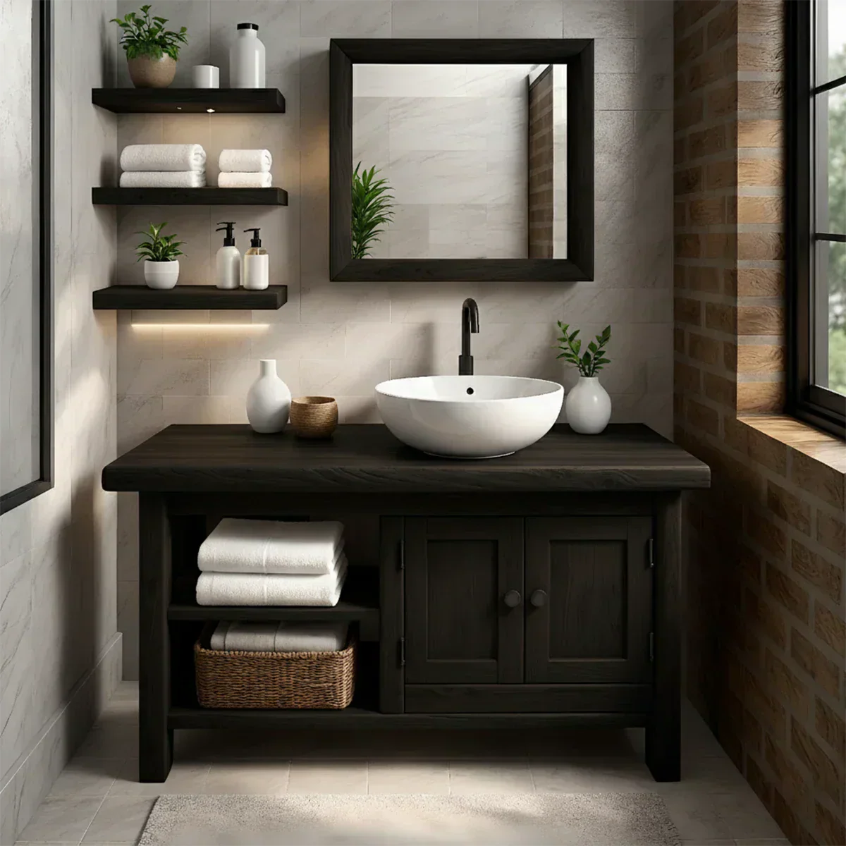 Solid Oak Bathroom Vanity – Natural Wood Cabinet with Open Shelf - Rustiracraft 