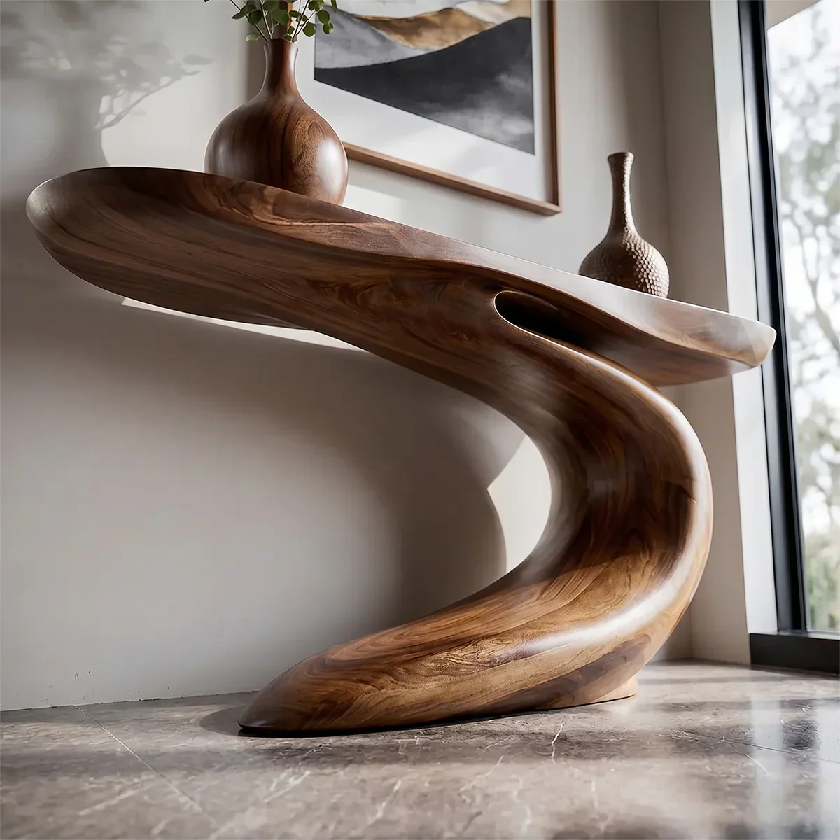 Solid Walnut Finish Wave Console Table – Modern Sculptural Design - Rustiracraft