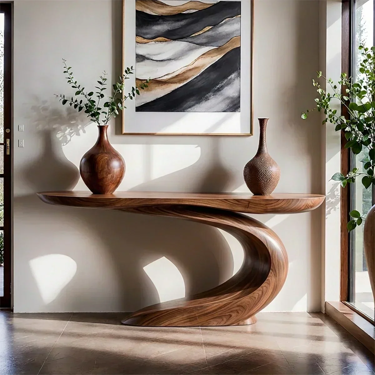 Solid Walnut Finish Wave Console Table – Modern Sculptural Design - Rustiracraft