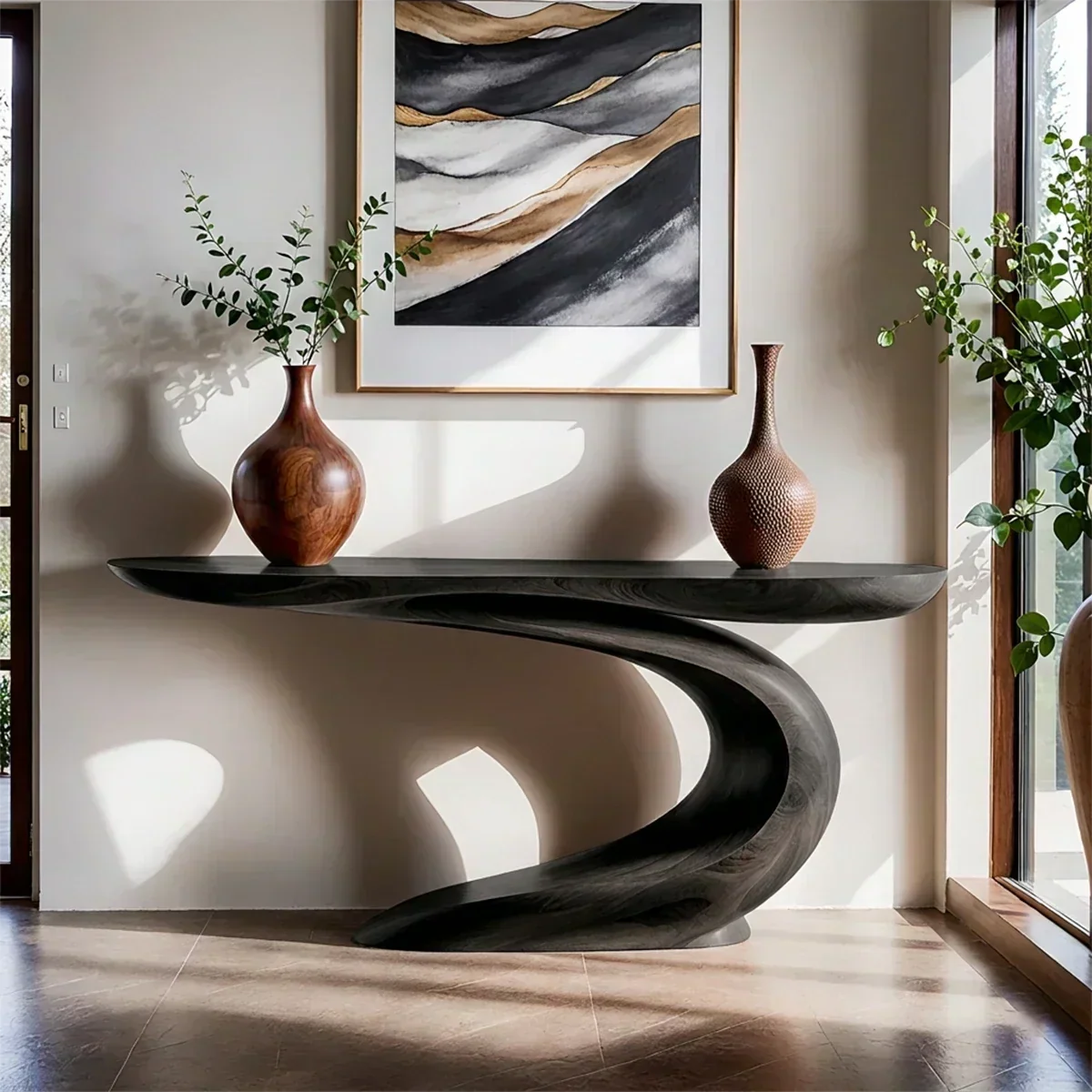 Solid Walnut Finish Wave Console Table – Modern Sculptural Design - Rustiracraft