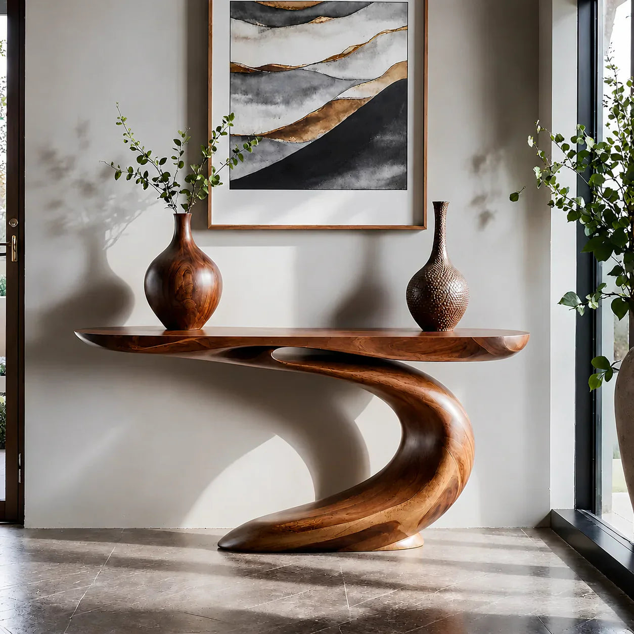Solid Walnut Finish Wave Console Table – Modern Sculptural Design - Rustiracraft