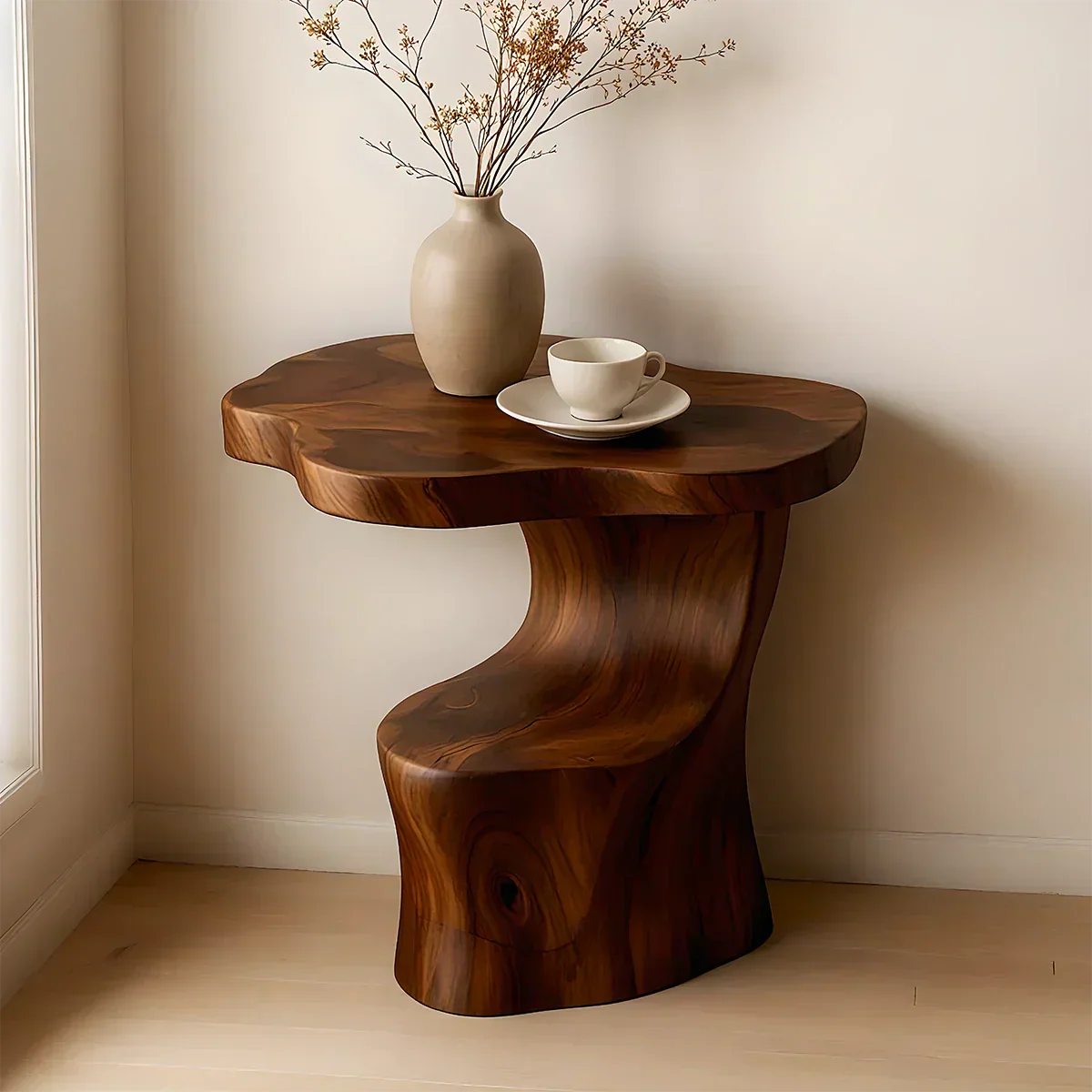 Solid Wood Accent Table – Modern Sculptural Flowform - Rustiracraft 