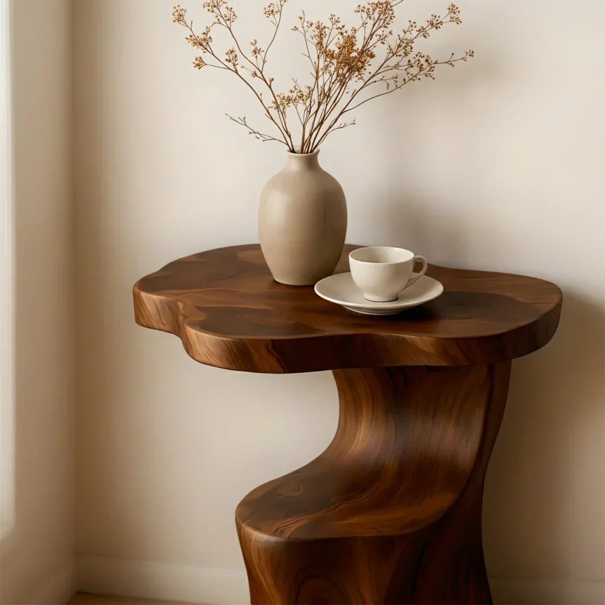 Solid Wood Accent Table – Modern Sculptural Flowform - Rustiracraft 