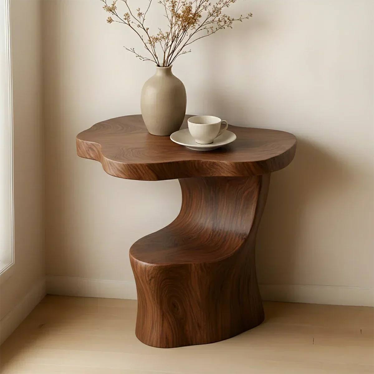 Solid Wood Accent Table – Modern Sculptural Flowform - Rustiracraft 
