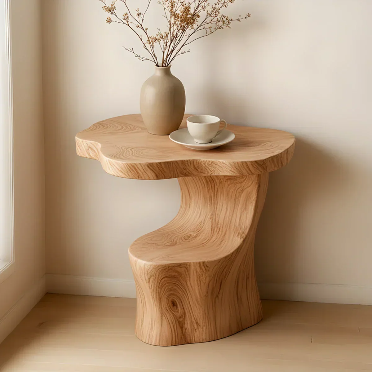 Solid Wood Accent Table – Modern Sculptural Flowform - Rustiracraft 