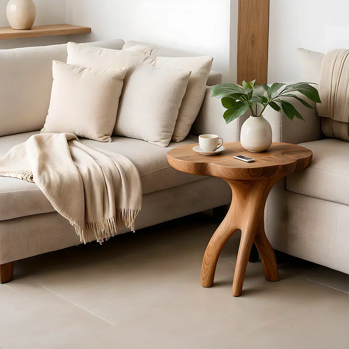 Solid Wood Accent Table – Modern Sculptural Tri-Branch Design - Rustiracraft 